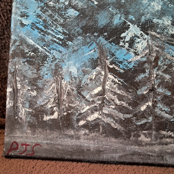 Stary Sky Northen Lights Mountains Dark And Cold Bob Ross Insired Hand Painted - Picture 2 of 4